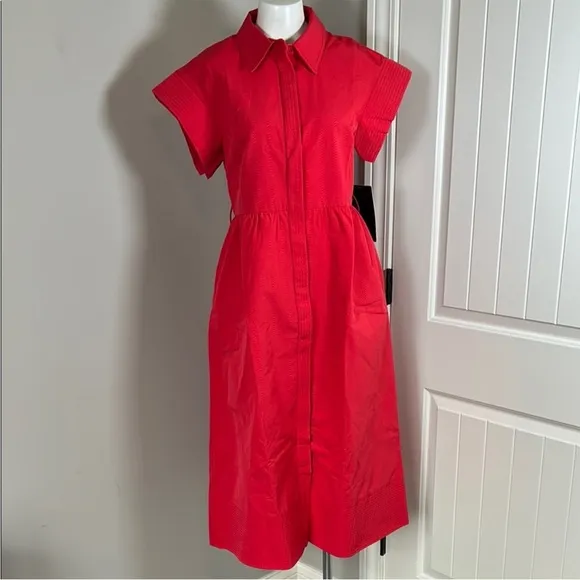 TUCKERNUCK Chloe Dress Red Pockets Short Sleeve Button Front Sz M NEW
