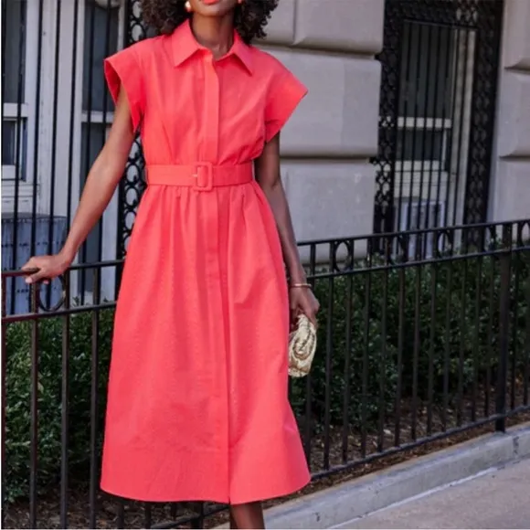 TUCKERNUCK Chloe Dress Red Pockets Short Sleeve Button Front Sz M NEW