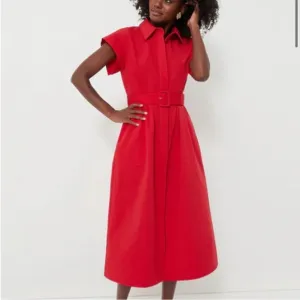 TUCKERNUCK Chloe Dress Red Pockets Short Sleeve Button Front Sz M NEW