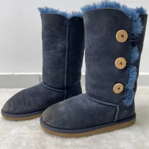 UGG #1962 Girl's Blue Bailey Button Triplet Tall Fur Slip On Boots Size 3