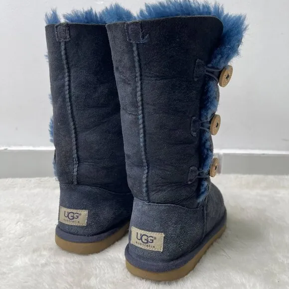 UGG #1962 Girl's Blue Bailey Button Triplet Tall Fur Slip On Boots Size 3