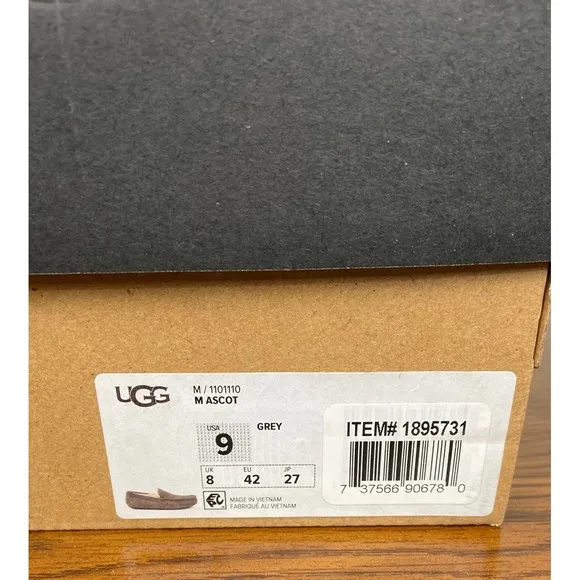UGG Ascot Suede Slippers Moccasins Cozy Lined Comfort Loafers Grey Men's Size 9