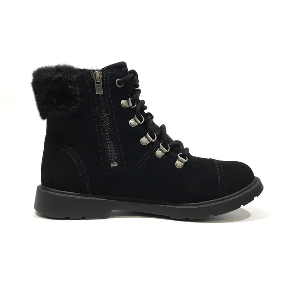 UGG Azell Hiker Weather Waterproof Lace-up Boots -Black Suede -Youth US 6 -NEW