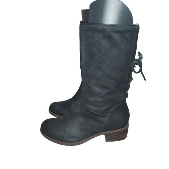 Ugg Cary Womens Black Suede Boots Leather Laces Up Back 8 Western Moto Biker Y2K