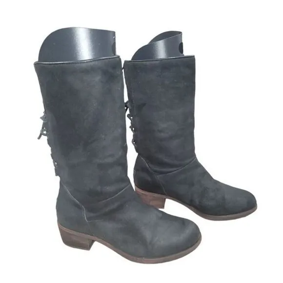 Ugg Cary Womens Black Suede Boots Leather Laces Up Back 8 Western Moto Biker Y2K