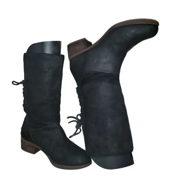 Ugg Cary Womens Black Suede Boots Leather Laces Up Back 8 Western Moto Biker Y2K