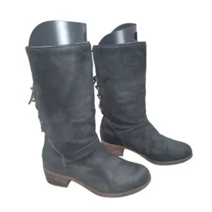 Ugg Cary Womens Black Suede Boots Leather Laces Up Back 8 Western Moto Biker Y2K
