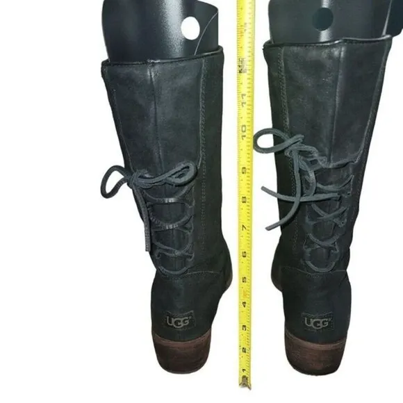 Ugg Cary Womens Black Suede Boots Leather Laces Up Back 8 Western Moto Biker Y2K