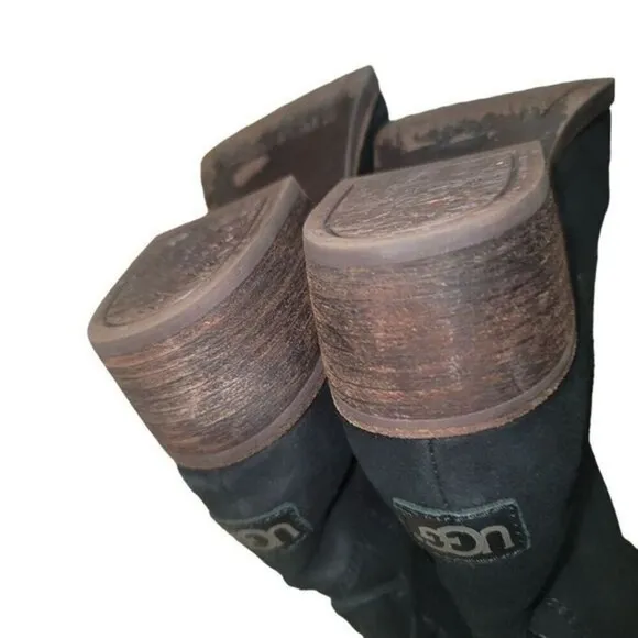 Ugg Cary Womens Black Suede Boots Leather Laces Up Back 8 Western Moto Biker Y2K