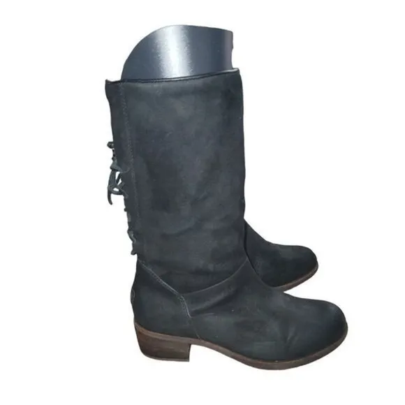 Ugg Cary Womens Black Suede Boots Leather Laces Up Back 8 Western Moto Biker Y2K