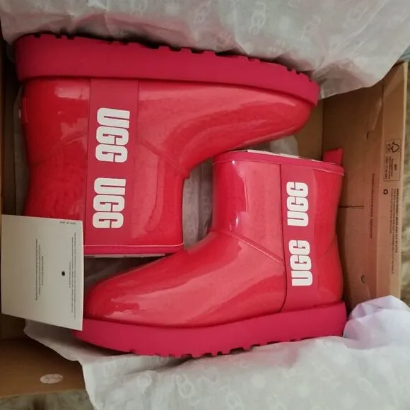 UGG Classic Clear Mini Women's Waterproof Shearling Boots Hibiscus Pink Size 6