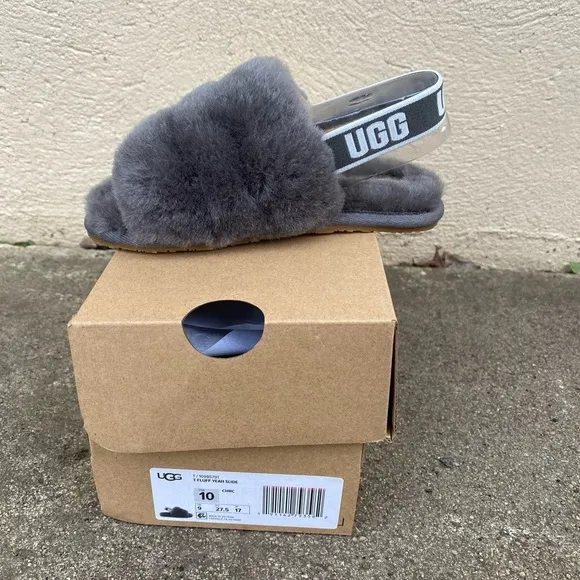 UGG | Fluf Yeah Slides Slippers In Charcoal Grey NEW Size 10 Toddler