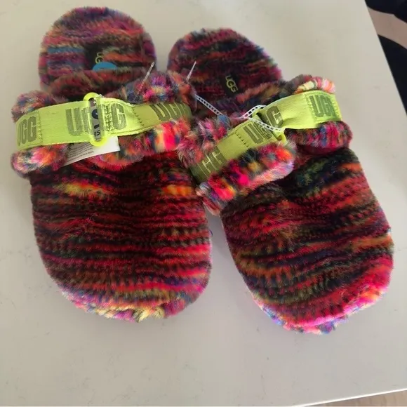 UGG Fluff It Pixelate fuzzy slides mules shoes slip on rubber soles comfortable