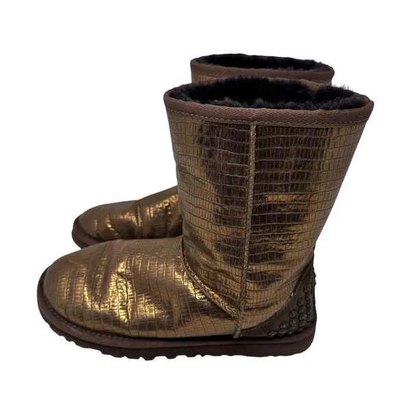UGG Lizard Bronze Metallic Leather Black Sheepskin Lined Ankle Boots Size 5