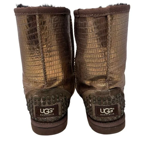 UGG Lizard Bronze Metallic Leather Black Sheepskin Lined Ankle Boots Size 5