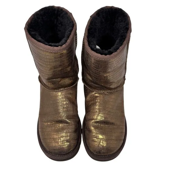 UGG Lizard Bronze Metallic Leather Black Sheepskin Lined Ankle Boots Size 5