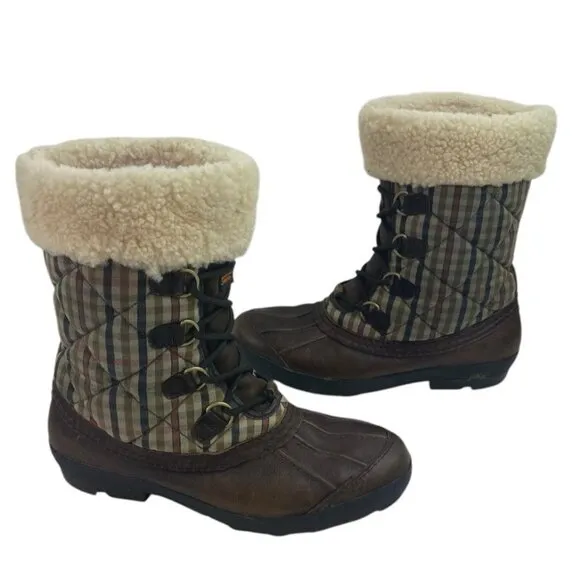 UGG Newberry Boots Women’s Size 9 Brown Leather Sherpa Plaid Waterproof Quilted