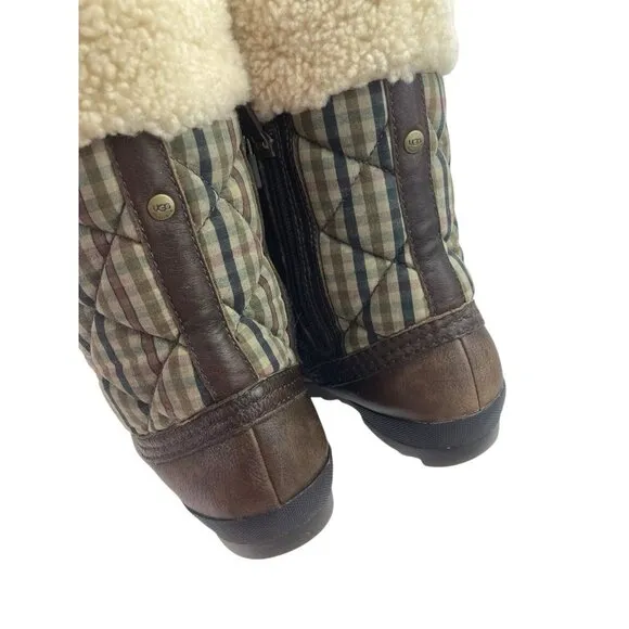 UGG Newberry Boots Women’s Size 9 Brown Leather Sherpa Plaid Waterproof Quilted