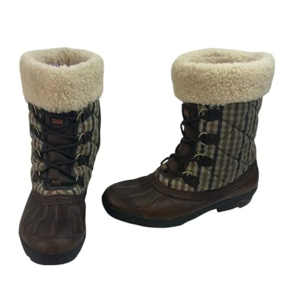 UGG Newberry Boots Women’s Size 9 Brown Leather Sherpa Plaid Waterproof Quilted