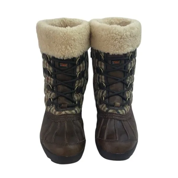 UGG Newberry Boots Women’s Size 9 Brown Leather Sherpa Plaid Waterproof Quilted