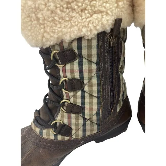 UGG Newberry Boots Women’s Size 9 Brown Leather Sherpa Plaid Waterproof Quilted