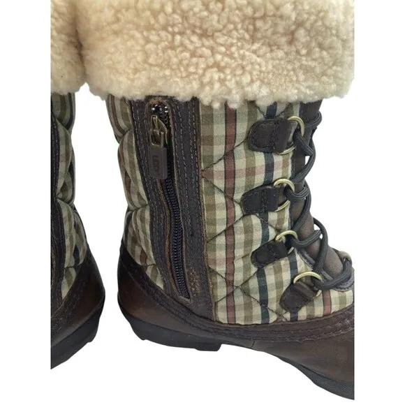 UGG Newberry Boots Women’s Size 9 Brown Leather Sherpa Plaid Waterproof Quilted
