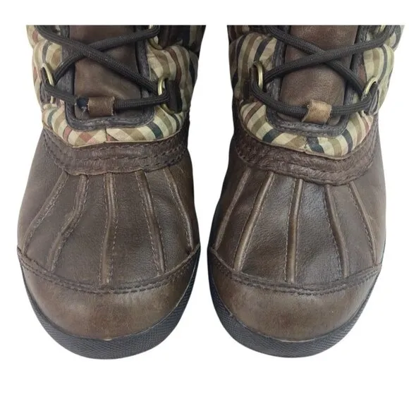 UGG Newberry Boots Women’s Size 9 Brown Leather Sherpa Plaid Waterproof Quilted