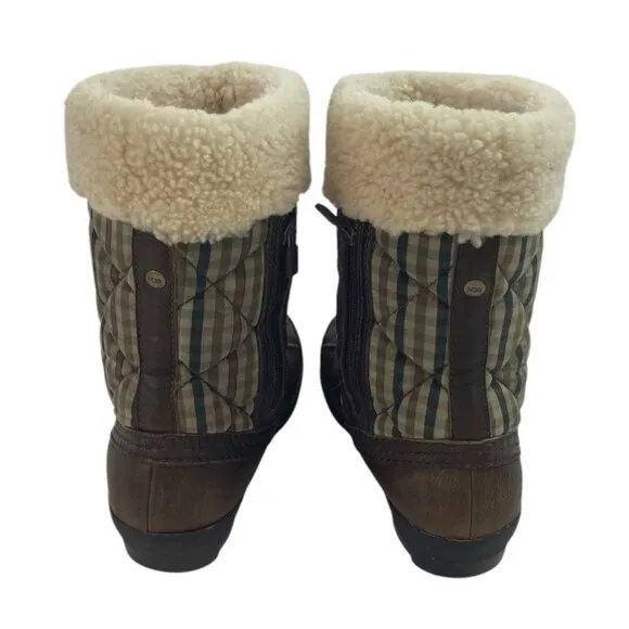 UGG Newberry Boots Women’s Size 9 Brown Leather Sherpa Plaid Waterproof Quilted