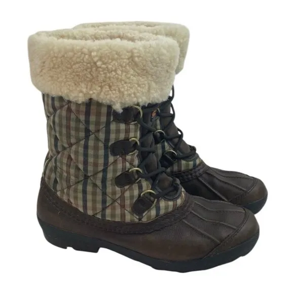 UGG Newberry Boots Women’s Size 9 Brown Leather Sherpa Plaid Waterproof Quilted