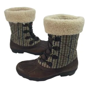 UGG Newberry Boots Women’s Size 9 Brown Leather Sherpa Plaid Waterproof Quilted