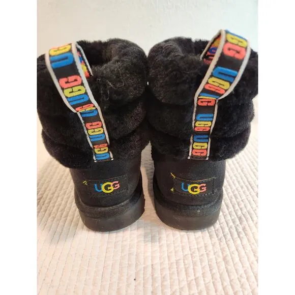 UGG Pluff Mini Quilted Logo Suede Sheepskin Boots Black Women’s Size 8 colorback