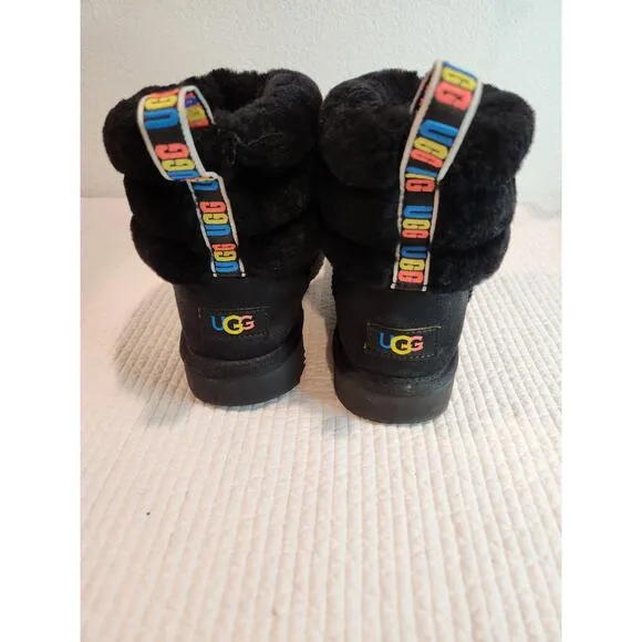 UGG Pluff Mini Quilted Logo Suede Sheepskin Boots Black Women’s Size 8 colorback