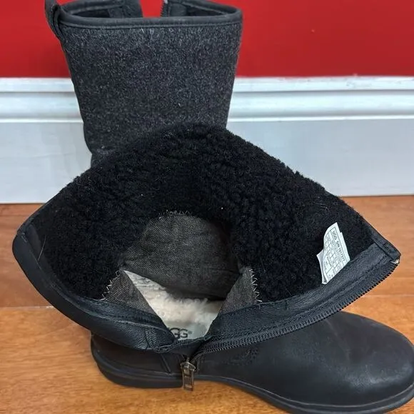 UGG Waterproof Black Leather Wool Shearling Mid-Calf Robbie Moto Boots 5