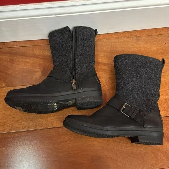 UGG Waterproof Black Leather Wool Shearling Mid-Calf Robbie Moto Boots 5