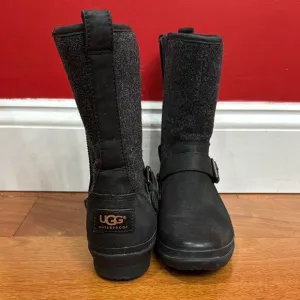 UGG Waterproof Black Leather Wool Shearling Mid-Calf Robbie Moto Boots 5