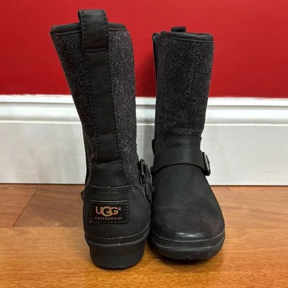 UGG Waterproof Black Leather Wool Shearling Mid-Calf Robbie Moto Boots 5