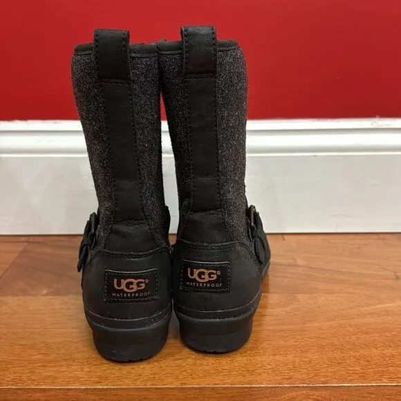 UGG Waterproof Black Leather Wool Shearling Mid-Calf Robbie Moto Boots 5