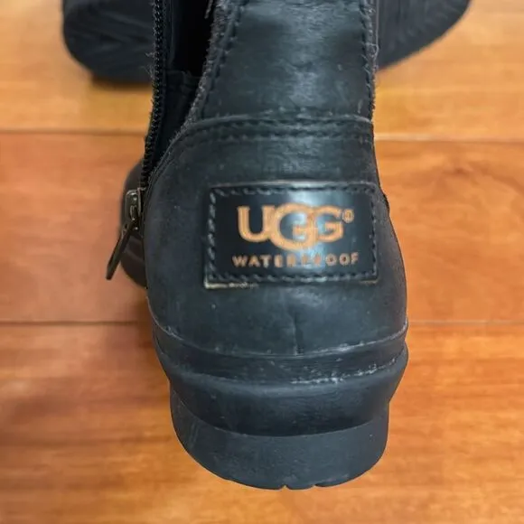 UGG Waterproof Black Leather Wool Shearling Mid-Calf Robbie Moto Boots 5