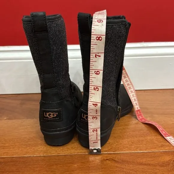 UGG Waterproof Black Leather Wool Shearling Mid-Calf Robbie Moto Boots 5