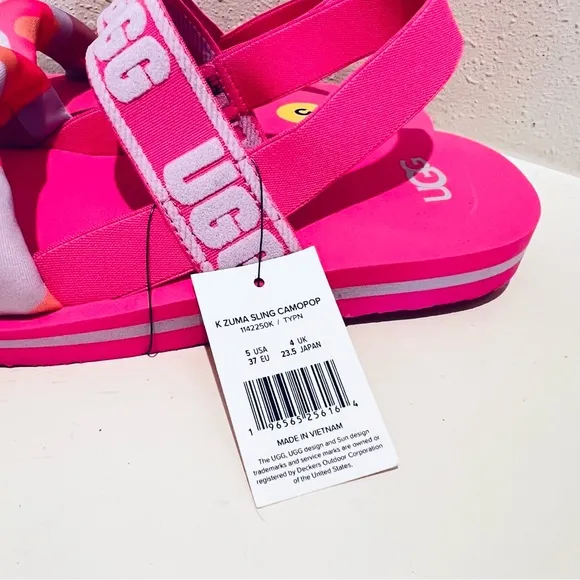 UGG Zuma Kids Women’s Camo Hot Pink Sling Slides Size J 5 W 7 NWT