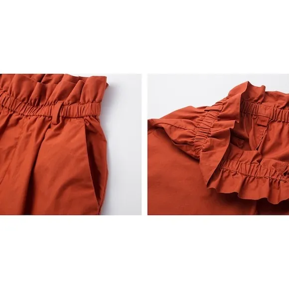 UNIQLO Women Drape Belted Shorts Elastic High Rise Mom Camp Tan Sand Ruffled