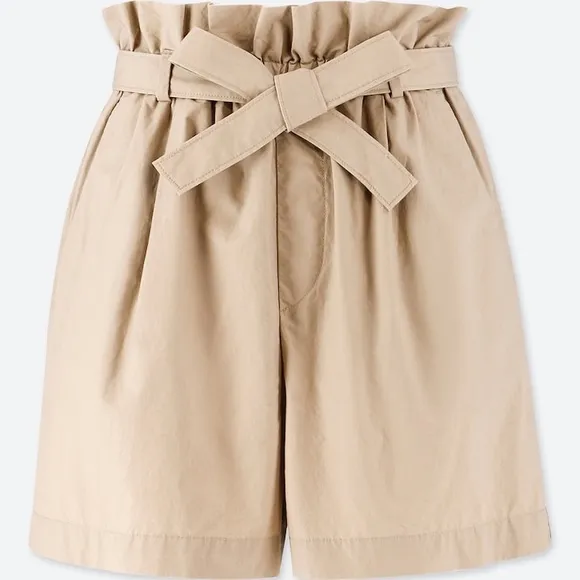 UNIQLO Women Drape Belted Shorts Elastic High Rise Mom Camp Tan Sand Ruffled