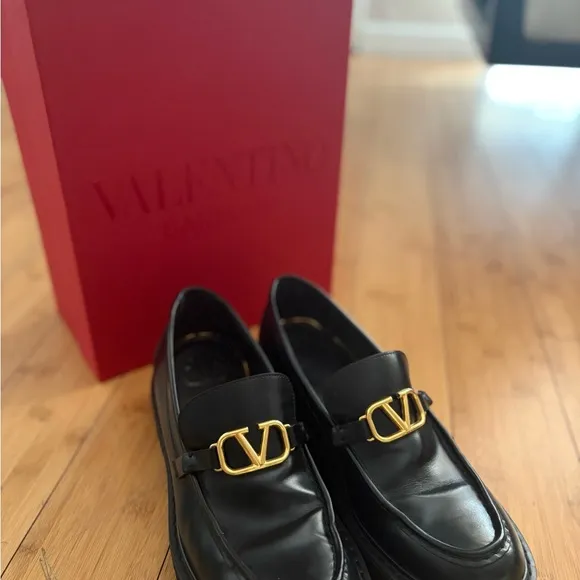 Valentino Black and Gold Leather Loafers