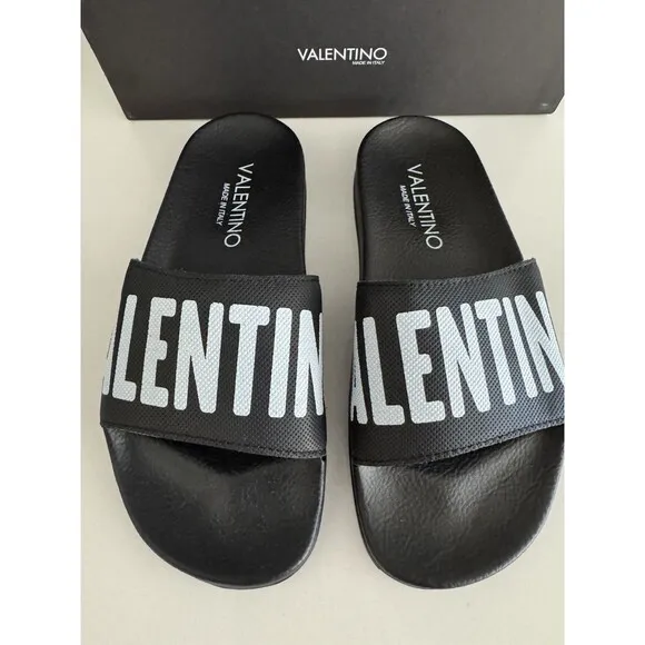 VALENTINO Black Stripe Contrast Irene Slip On Slide Sandal Designer MP$300 Sz 7