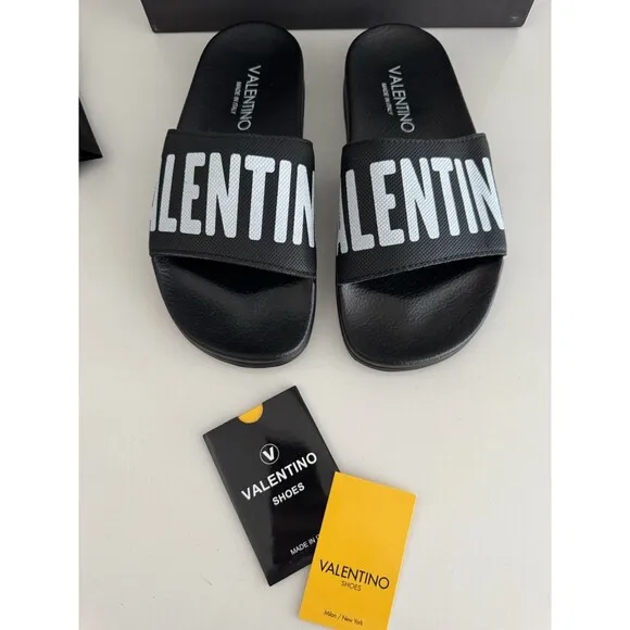 VALENTINO Black Stripe Contrast Irene Slip On Slide Sandal Designer MP$300 Sz 7