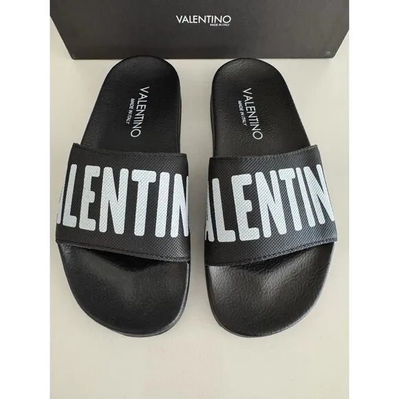 VALENTINO Black Stripe Contrast Irene Slip On Slide Sandal Designer MP$300 Sz 7