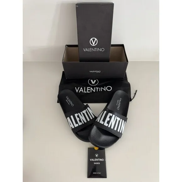 VALENTINO Black Stripe Contrast Irene Slip On Slide Sandal Designer MP$300 Sz 8