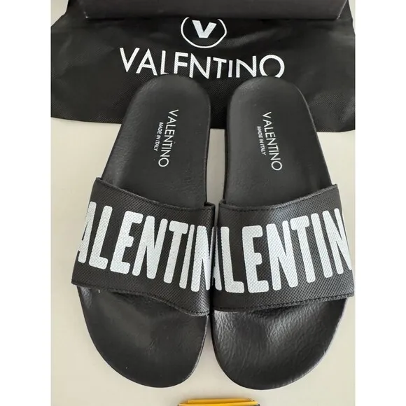 VALENTINO Black Stripe Contrast Irene Slip On Slide Sandal Designer MP$300 Sz 8