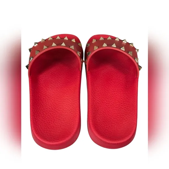 Valentino Red Rubber Rockstud Slide Sandals - Size 39/US 8