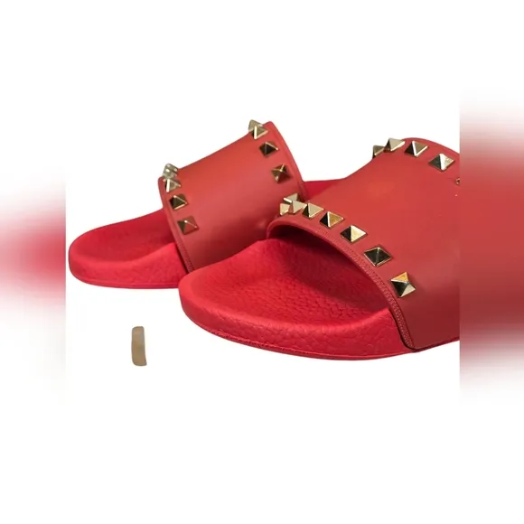 Valentino Red Rubber Rockstud Slide Sandals - Size 39/US 8